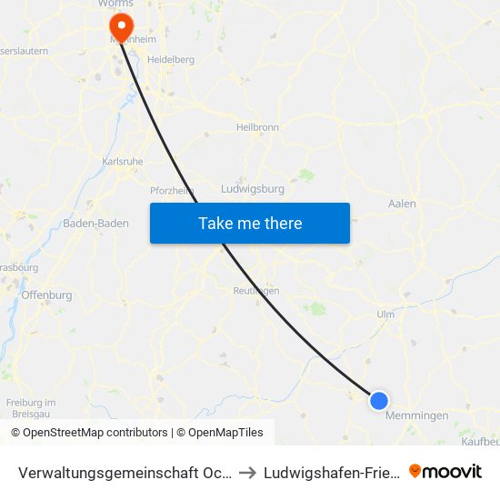 Verwaltungsgemeinschaft Ochsenhausen to Ludwigshafen-Friesenheim map