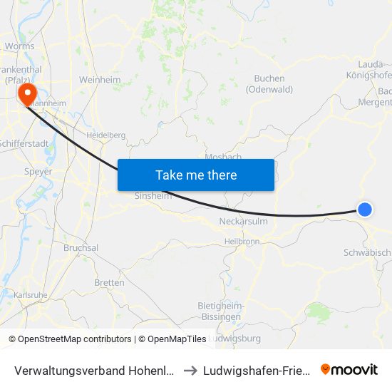 Verwaltungsverband Hohenloher Ebene to Ludwigshafen-Friesenheim map