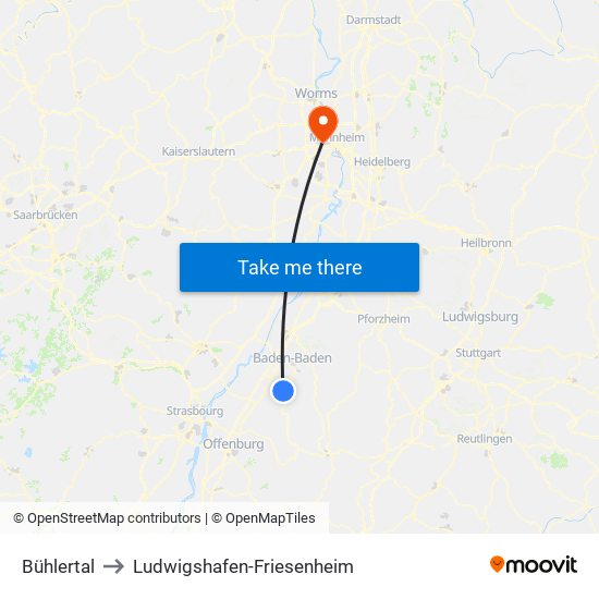 Bühlertal to Ludwigshafen-Friesenheim map