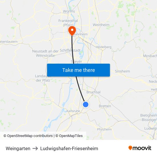 Weingarten to Ludwigshafen-Friesenheim map