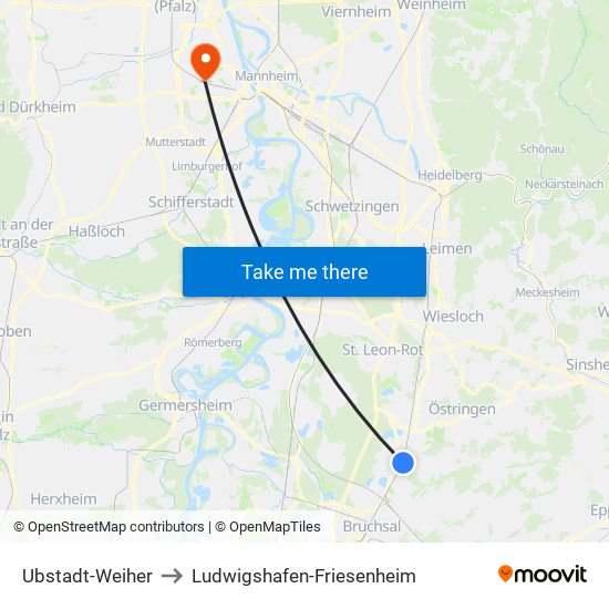 Ubstadt-Weiher to Ludwigshafen-Friesenheim map