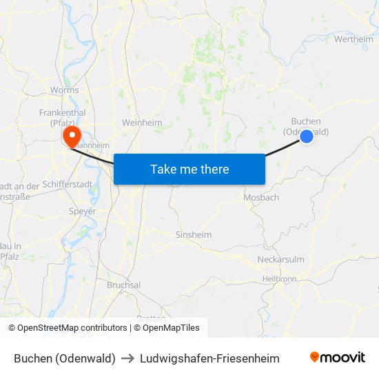 Buchen (Odenwald) to Ludwigshafen-Friesenheim map