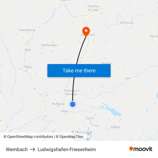 Wembach to Ludwigshafen-Friesenheim map