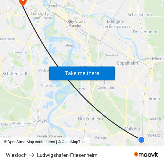 Wiesloch to Ludwigshafen-Friesenheim map