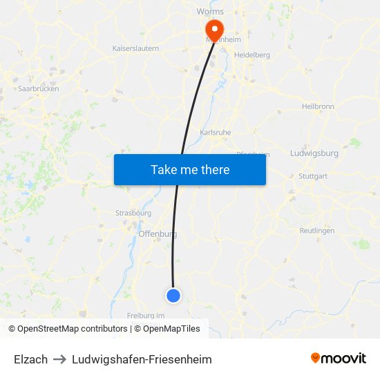 Elzach to Ludwigshafen-Friesenheim map