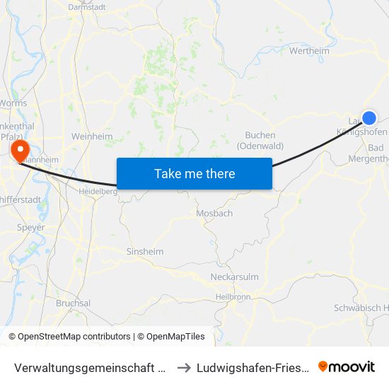 Verwaltungsgemeinschaft Grünsfeld to Ludwigshafen-Friesenheim map