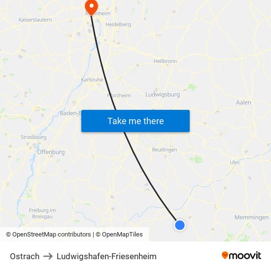 Ostrach to Ludwigshafen-Friesenheim map