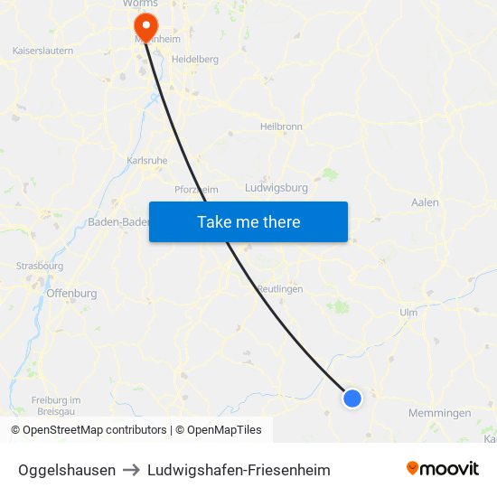 Oggelshausen to Ludwigshafen-Friesenheim map