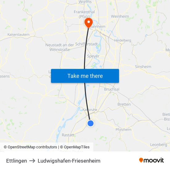 Ettlingen to Ludwigshafen-Friesenheim map