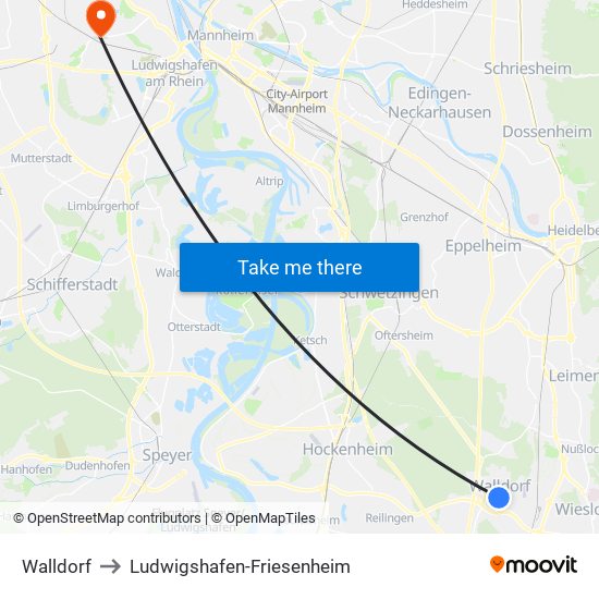 Walldorf to Ludwigshafen-Friesenheim map