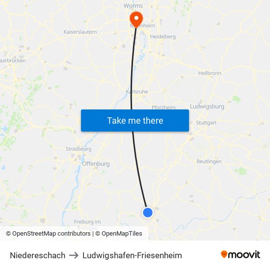 Niedereschach to Ludwigshafen-Friesenheim map