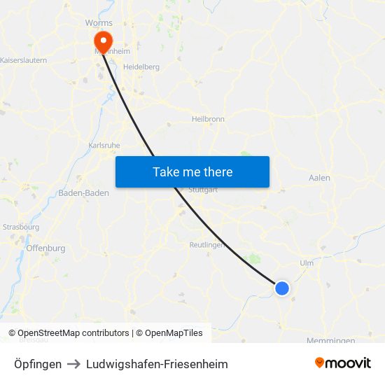 Öpfingen to Ludwigshafen-Friesenheim map