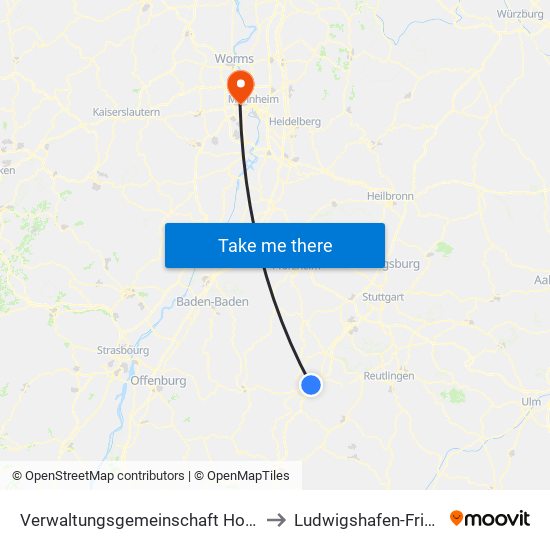 Verwaltungsgemeinschaft Horb am Neckar to Ludwigshafen-Friesenheim map