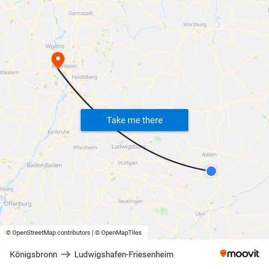 Königsbronn to Ludwigshafen-Friesenheim map