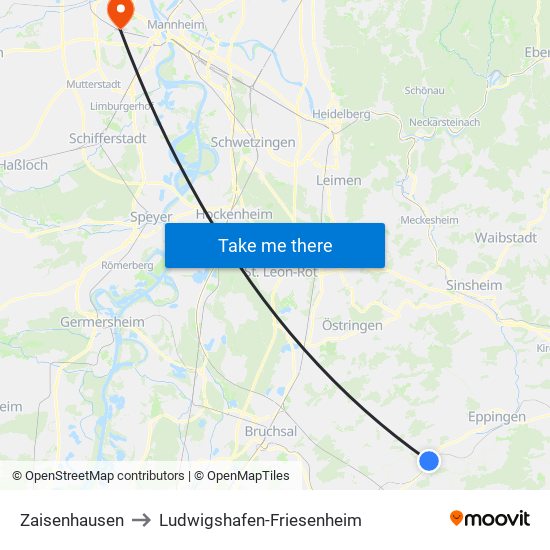 Zaisenhausen to Ludwigshafen-Friesenheim map