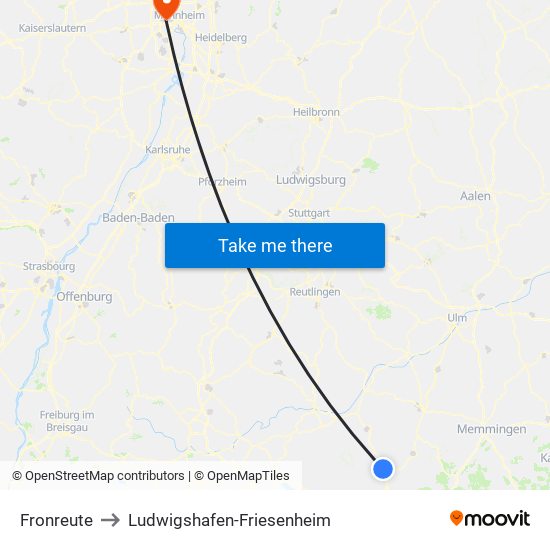 Fronreute to Ludwigshafen-Friesenheim map