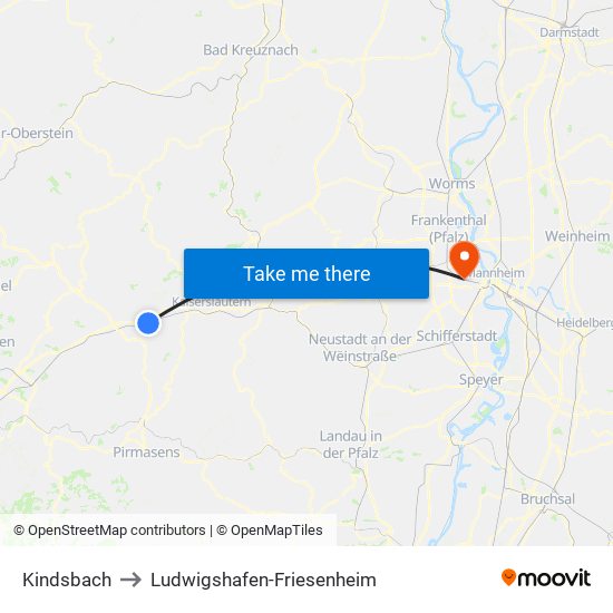 Kindsbach to Ludwigshafen-Friesenheim map