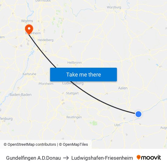 Gundelfingen A.D.Donau to Ludwigshafen-Friesenheim map