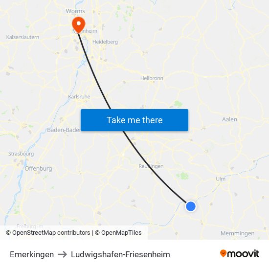 Emerkingen to Ludwigshafen-Friesenheim map