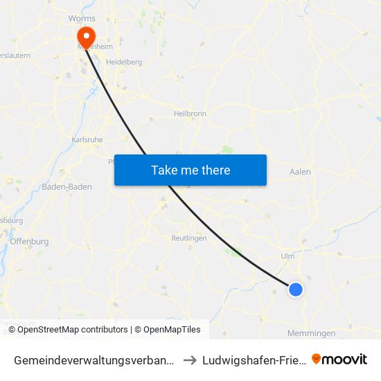 Gemeindeverwaltungsverband Dietenheim to Ludwigshafen-Friesenheim map