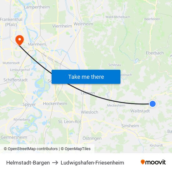 Helmstadt-Bargen to Ludwigshafen-Friesenheim map