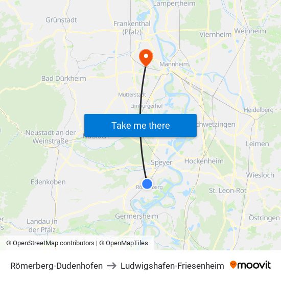 Römerberg-Dudenhofen to Ludwigshafen-Friesenheim map