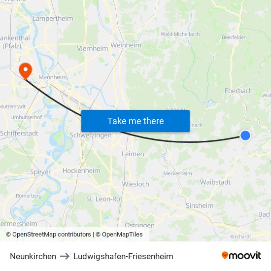 Neunkirchen to Ludwigshafen-Friesenheim map