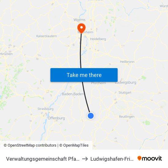 Verwaltungsgemeinschaft Pfalzgrafenweiler to Ludwigshafen-Friesenheim map