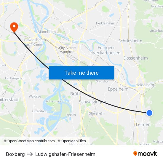 Boxberg to Ludwigshafen-Friesenheim map