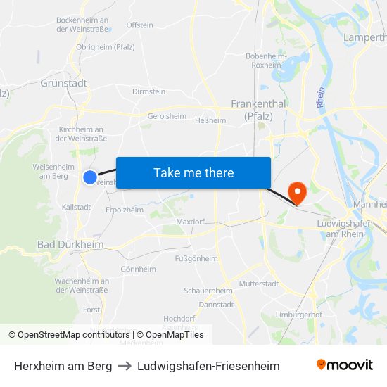 Herxheim am Berg to Ludwigshafen-Friesenheim map