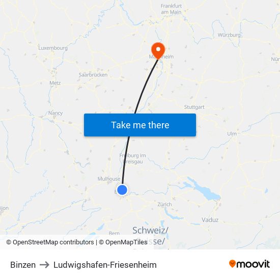 Binzen to Ludwigshafen-Friesenheim map