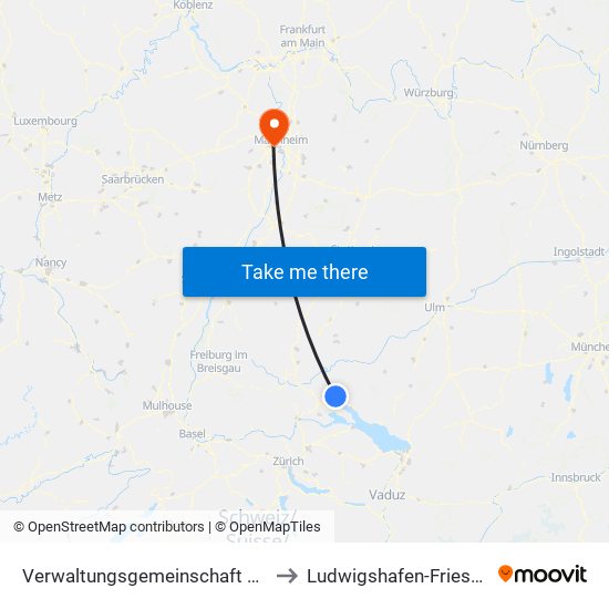 Verwaltungsgemeinschaft Stockach to Ludwigshafen-Friesenheim map