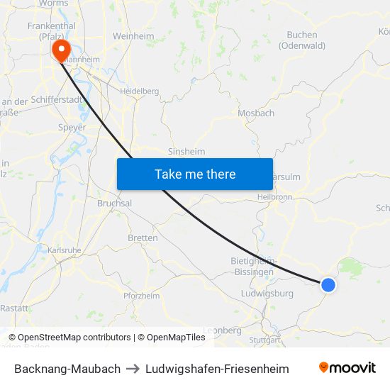 Backnang-Maubach to Ludwigshafen-Friesenheim map