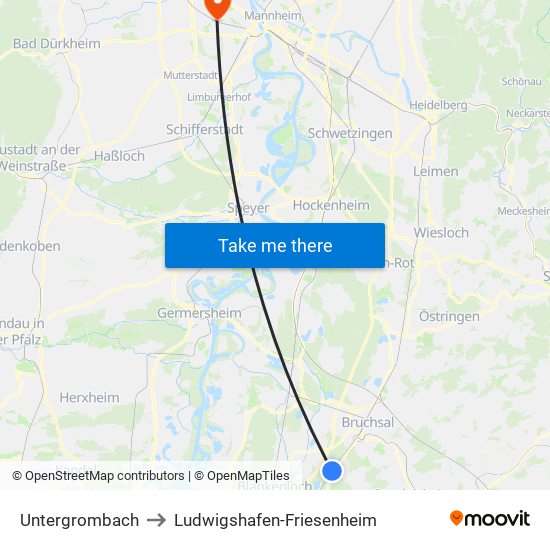 Untergrombach to Ludwigshafen-Friesenheim map