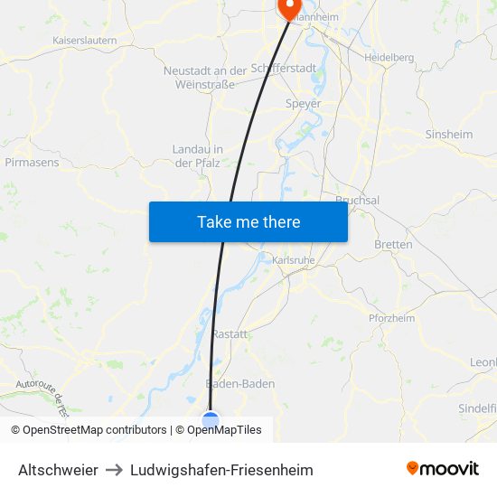 Altschweier to Ludwigshafen-Friesenheim map