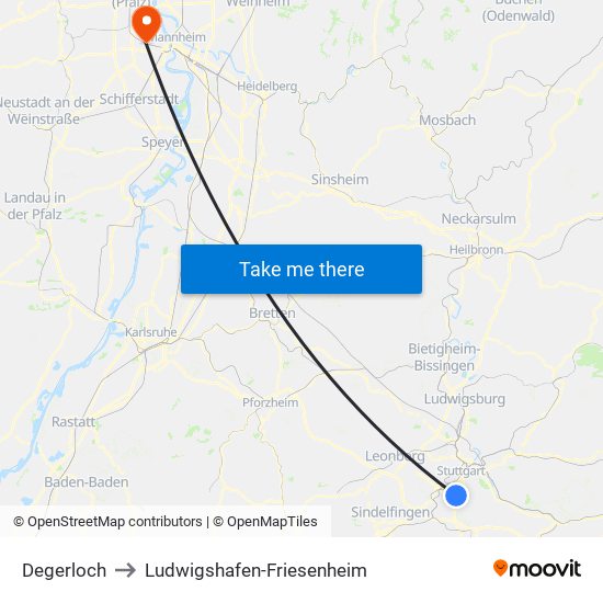 Degerloch to Ludwigshafen-Friesenheim map