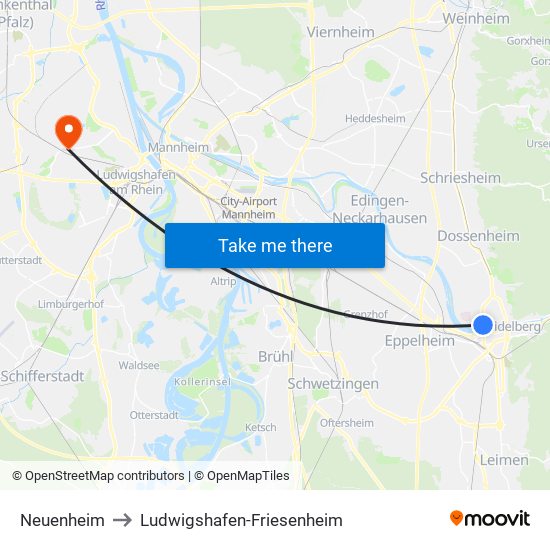 Neuenheim to Ludwigshafen-Friesenheim map