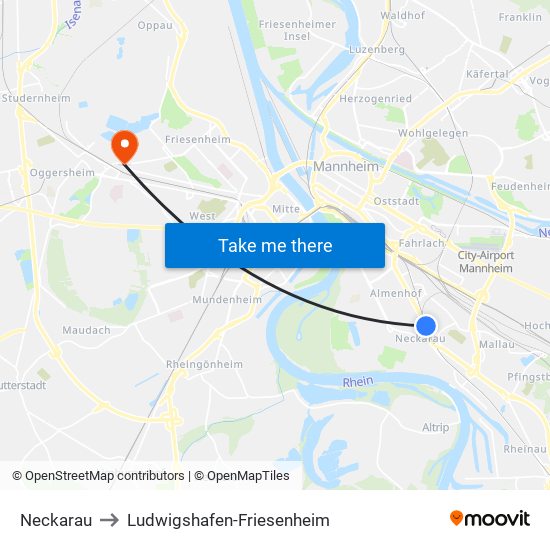 Neckarau to Ludwigshafen-Friesenheim map