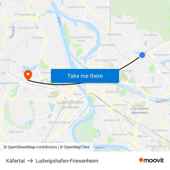 Käfertal to Ludwigshafen-Friesenheim map