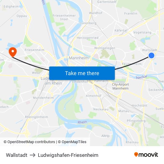 Wallstadt to Ludwigshafen-Friesenheim map