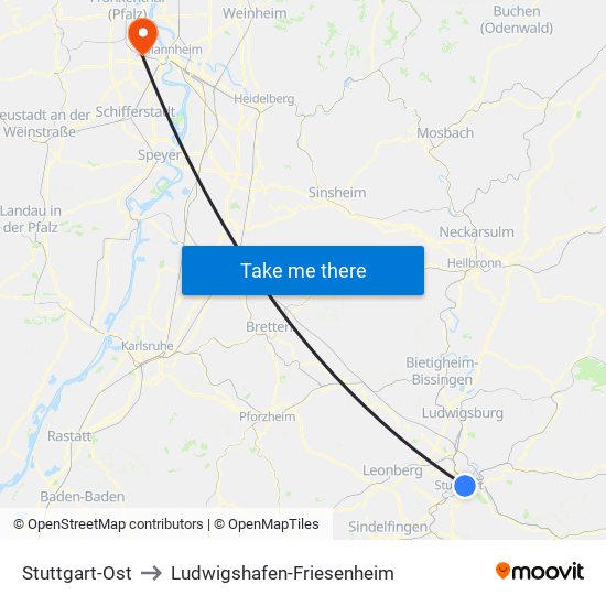 Stuttgart-Ost to Ludwigshafen-Friesenheim map