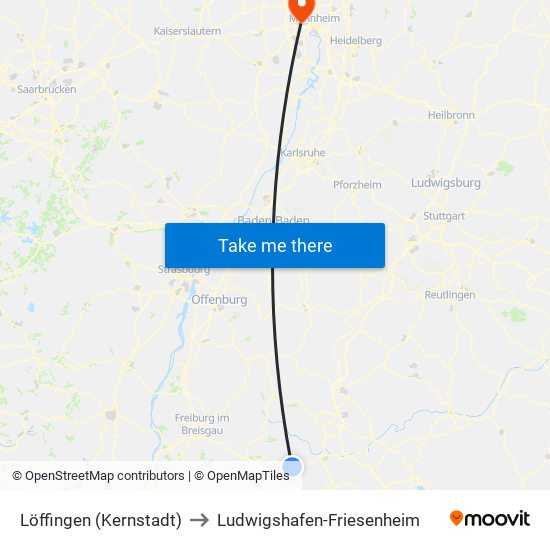 Löffingen (Kernstadt) to Ludwigshafen-Friesenheim map