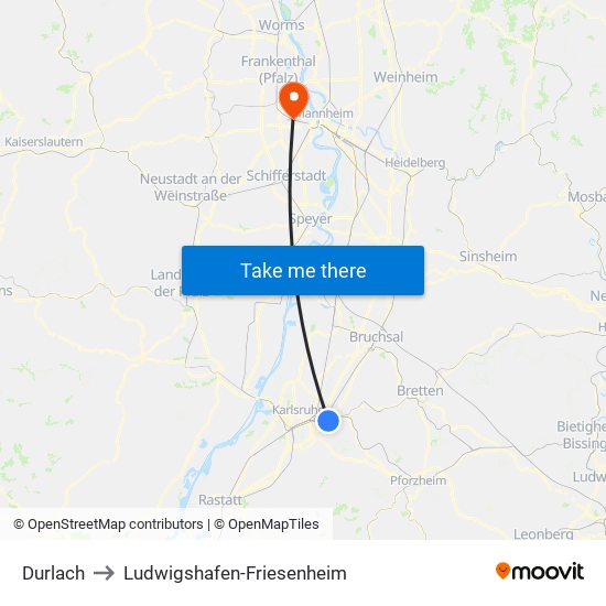 Durlach to Ludwigshafen-Friesenheim map