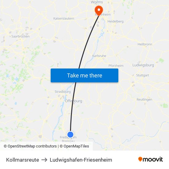 Kollmarsreute to Ludwigshafen-Friesenheim map