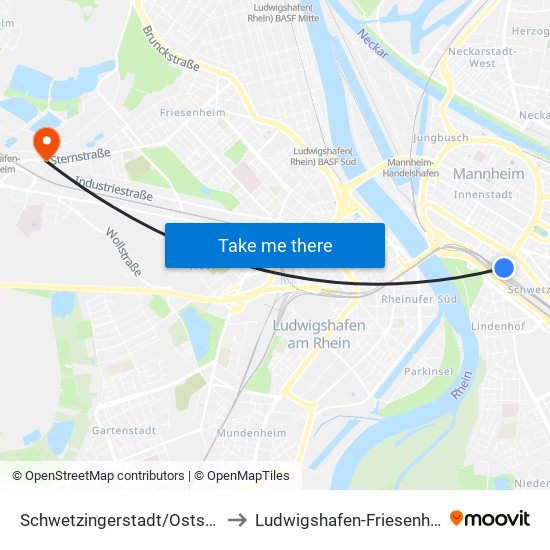 Schwetzingerstadt/Oststadt to Ludwigshafen-Friesenheim map