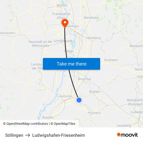 Söllingen to Ludwigshafen-Friesenheim map