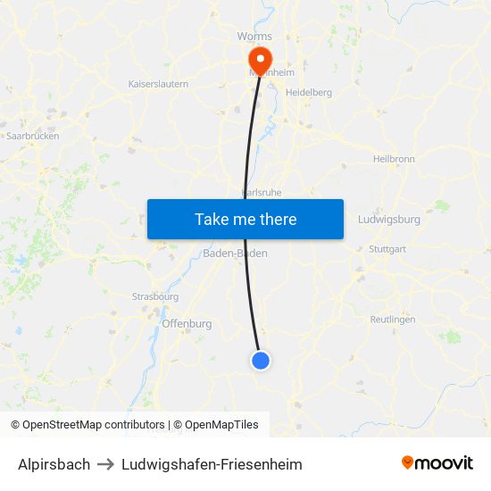 Alpirsbach to Ludwigshafen-Friesenheim map