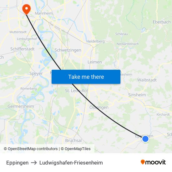 Eppingen to Ludwigshafen-Friesenheim map