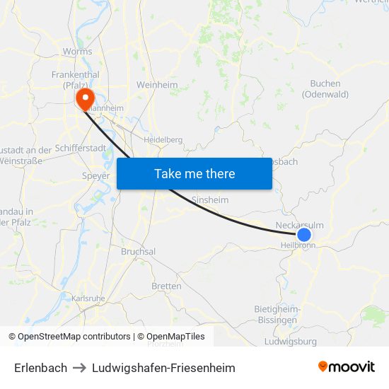 Erlenbach to Ludwigshafen-Friesenheim map