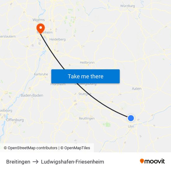 Breitingen to Ludwigshafen-Friesenheim map